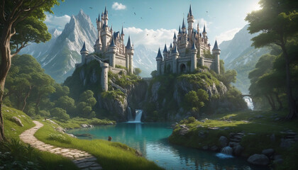 A fantasy world with a castle in the distance colorful background - obrazy, fototapety, plakaty