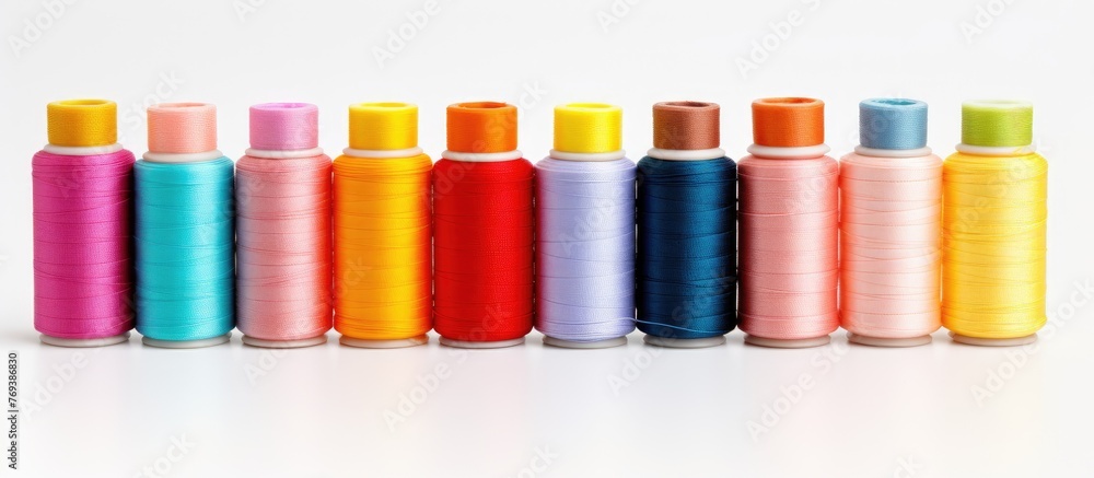 Aufkleber a line of vibrant spools of thread rest on a white surface, displaying a colorful array of tints and