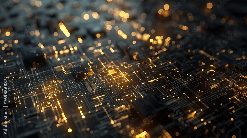 Poster dynamic abstract digital technology background with metallic plates and particle composition
