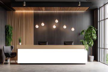 White reception desk in a modern room with tropical plants. Reception mockup with copy space for branding, Contemporary style