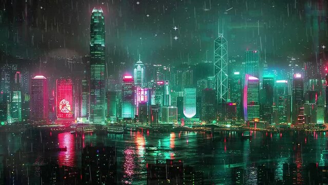 cyberpunk modern city at night view. seamless looping overlay 4k virtual video animation background