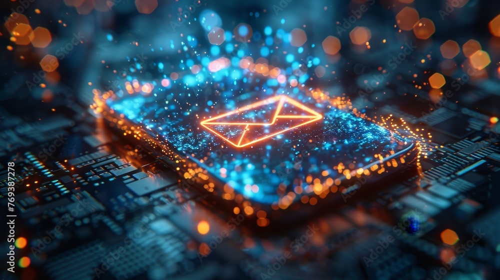 Poster futuristic depiction of a mobile device surrounded by a force field of protective shields