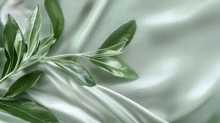 leaves on green silk texture background