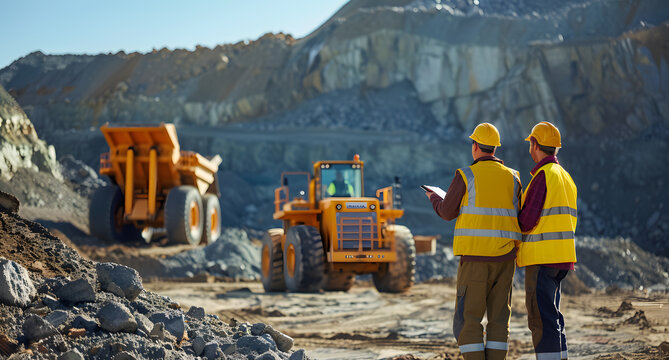 Team of engineers and construction workers working in the open pit mining