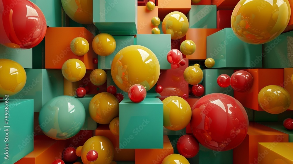 Poster abstract geometric pattern featuring spheres and cubes in mesmerizing symmetry, evoking a sense of d