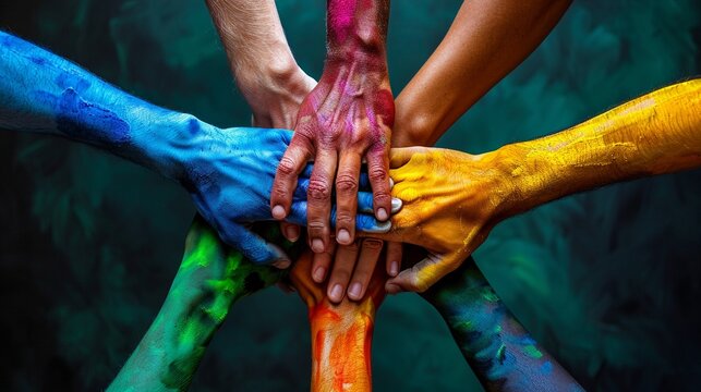 Diversity in unity, multicolor hands together, strong bond , advertise photo