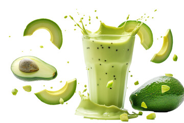 Delicious avocado smoothie in glass with a splash on transparent background