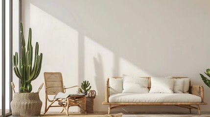 Living Room Interior With Sofa Wicker Armchair Cactus Plant And Coffee Table