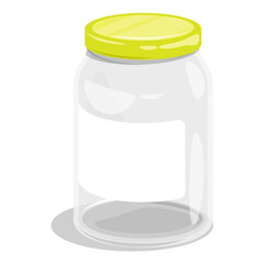 Empty tall glass jar for food canning closed yellow metal lid. Summer harvest and preparation of food stocks for winter. Cartoon vector isolated on white background