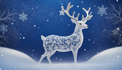 Christmas crystal shiny Reindeer with white snowflakes on blue bokeh winter glitter background colorful background