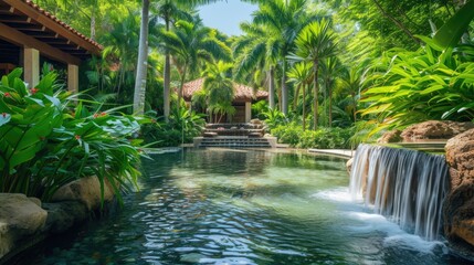 Fototapeta na wymiar A luxurious spa retreat in a tropical setting, serene pool, lush greenery, embodying relaxation and wellness. Resplendent.