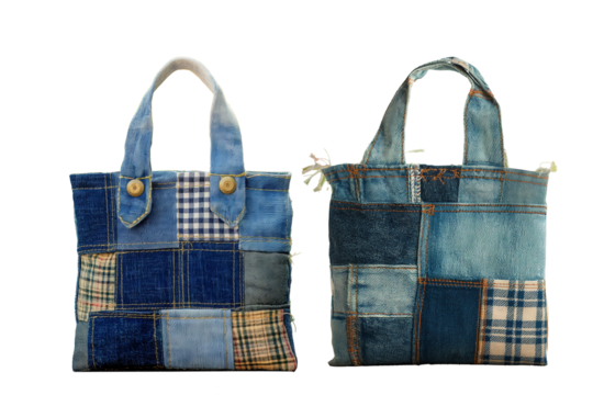 Handbag made of old jeans on a transparent background. Homemade recycled denim