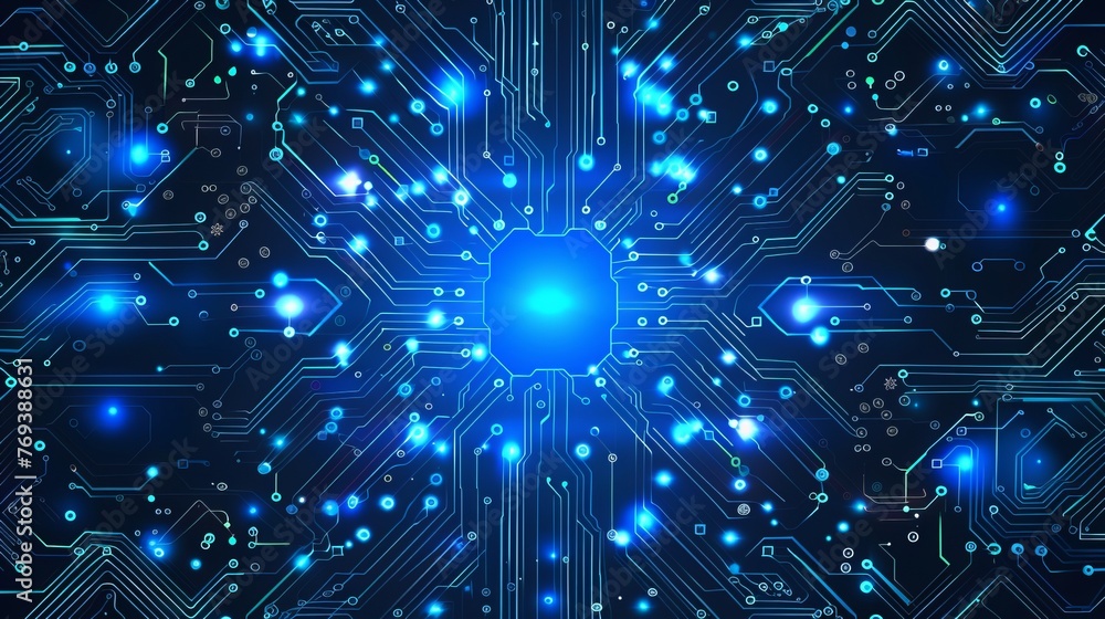 Poster vibrant 3d illustration of abstract technology chip processor background with circuit board and html