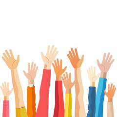 Obraz premium Hands up vector illustration with different skin colors. Raised hands vector concept. Isolated on Transparent Background. Ai generated 