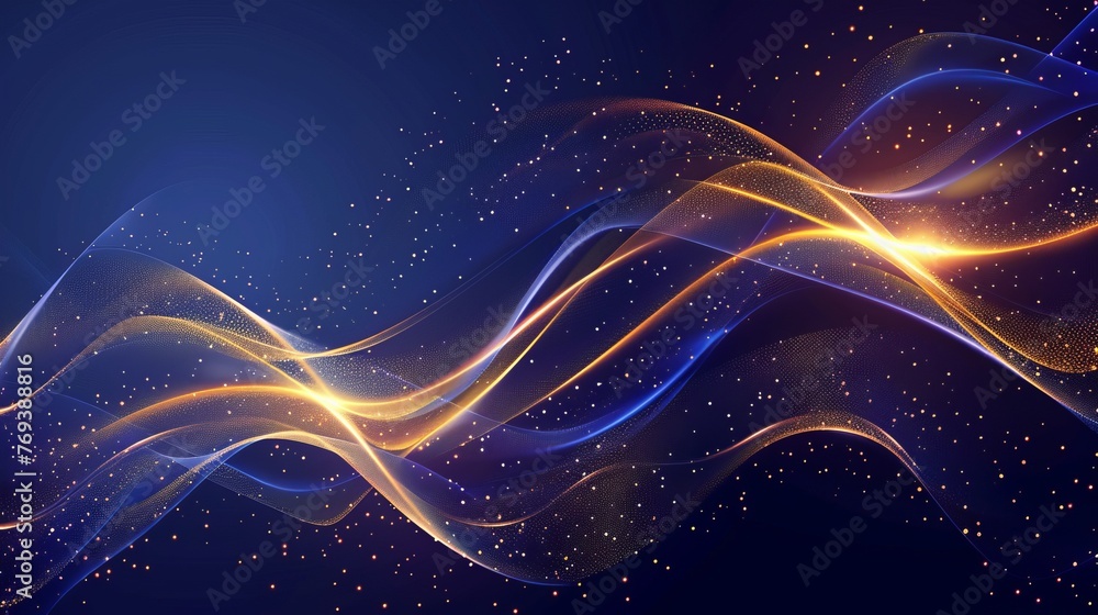 Poster mesmerizing 3d abstract technology light lines background: dynamic glittering blue waves with golden