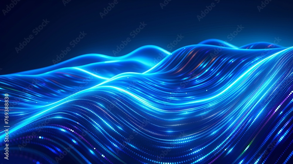 Poster mesmerizing 3d abstract technology light lines background: dynamic glittering blue waves with golden