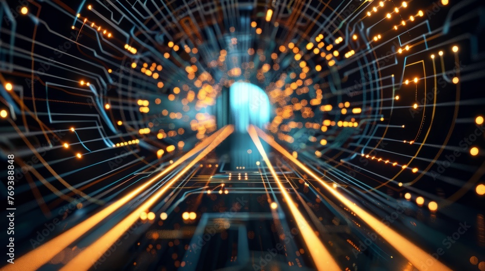 Poster glowing pcb circuitry tunnel: high-speed tech hardware abstract 3d render