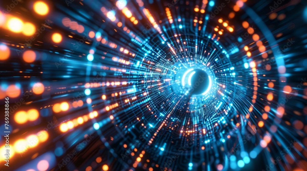 Poster glowing pcb circuitry tunnel: high-speed tech hardware abstract 3d render