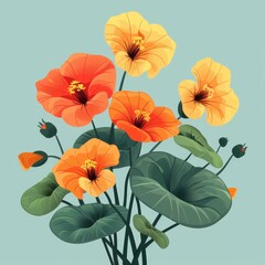 Flat Design, Illustration of Beautiful Nasturtium Flowers, Vector Style.