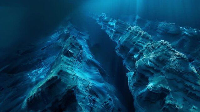 Dive deep underwater to witness the towering peaks and valleys of a submerged mountain range in the vast ocean.