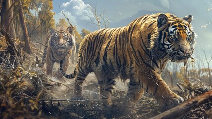 A pair of tigers prowling through a deforested landscape, their once majestic stripes  - obrazy, fototapety, plakaty