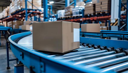 Box on conveyor belt in warehouse. Warehouse interior background. Industrial background