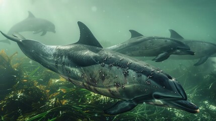 A pod of dolphins swimming listlessly in polluted waters, their sleek bodies marred by lesions and sores. - obrazy, fototapety, plakaty