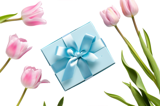 Light blue gift box with pink tulips on a transparent background