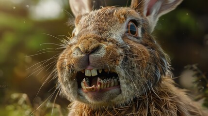 A rabbit with overgrown teeth and drooling, indicating dental issues such as malocclusion or tooth abscesses. 