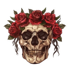 Skull with crown of roses symbolizing beauty