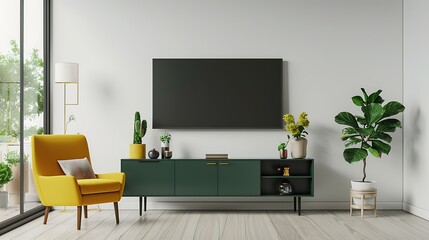Mockup a TV wall mounted on green cabinet with yellow armchair in living room with a white wall