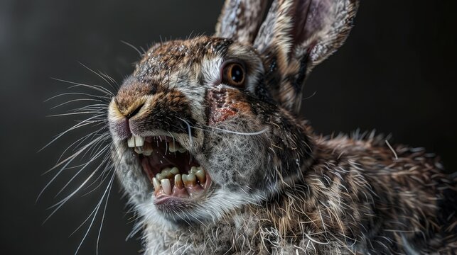 A rabbit with overgrown teeth and drooling, indicating dental issues such as malocclusion or tooth abscesses. It appears in pain and struggles to eat