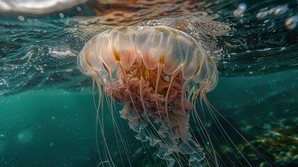 A sickly-looking jellyfish floating near the surface of the water, its normally translucent bell now clouded with patches of discoloration