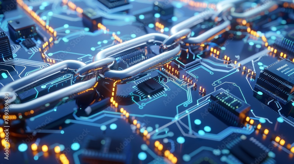 Poster blockchain technology concept: circuit board chain with cpu on futuristic blue background - digital 