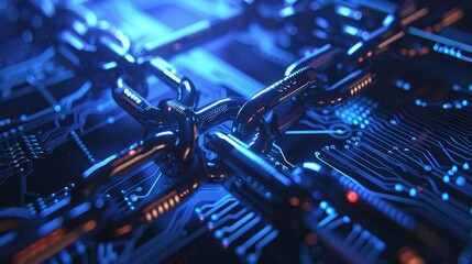 Blockchain technology concept: circuit board chain with cpu on futuristic blue background - digital...