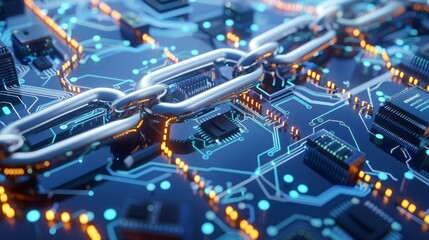 Blockchain technology concept: circuit board chain with cpu on futuristic blue background - digital innovation and security in cryptocurrency and data transactions
