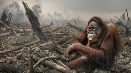 A solitary orangutan sitting amidst the ruins of a cleared rainforest, its gaze haunted by the memories of its lost home - obrazy, fototapety, plakaty