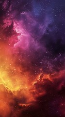 A vibrant space scene featuring stars and clouds in a cosmic dawn gradient from purple to sunrise orange, background, wallpaper