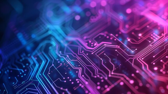 Blue and purple technology circuit board background with glowing electronic components - futuristic digital concept for innovation and connectivity