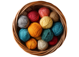 Balls of woollen thread in a basket on a transparent background