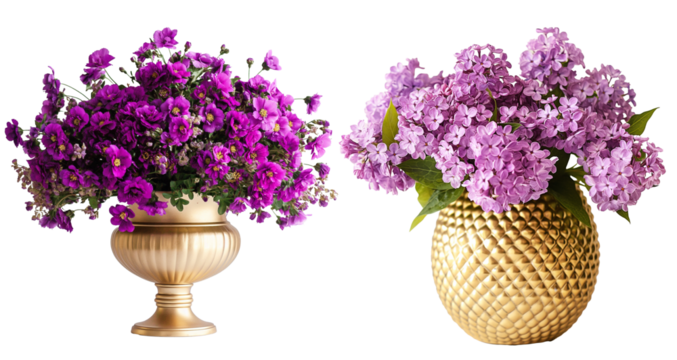 Purple flowers in a golden vase on a transparent background