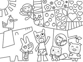 木の周りで遊ぶ動物たちの塗り絵