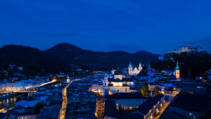 The night city view with  blue night sky  with historic city of salzburg ,Austria