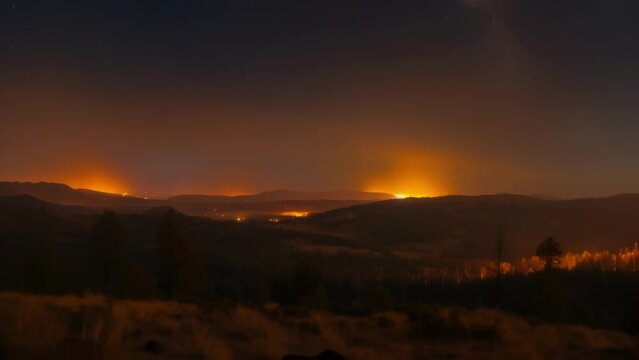 The faint orangered glow of distant wildfires casting a foreboding shadow over the moonlit landscape.