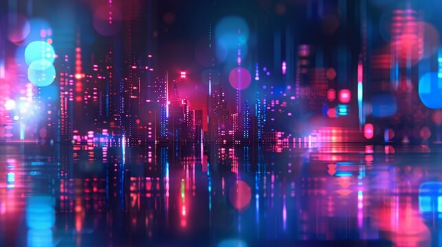 Futuristic cityscape: blurred neon lights in bokeh style - vibrant urban night background for modern designs and concepts