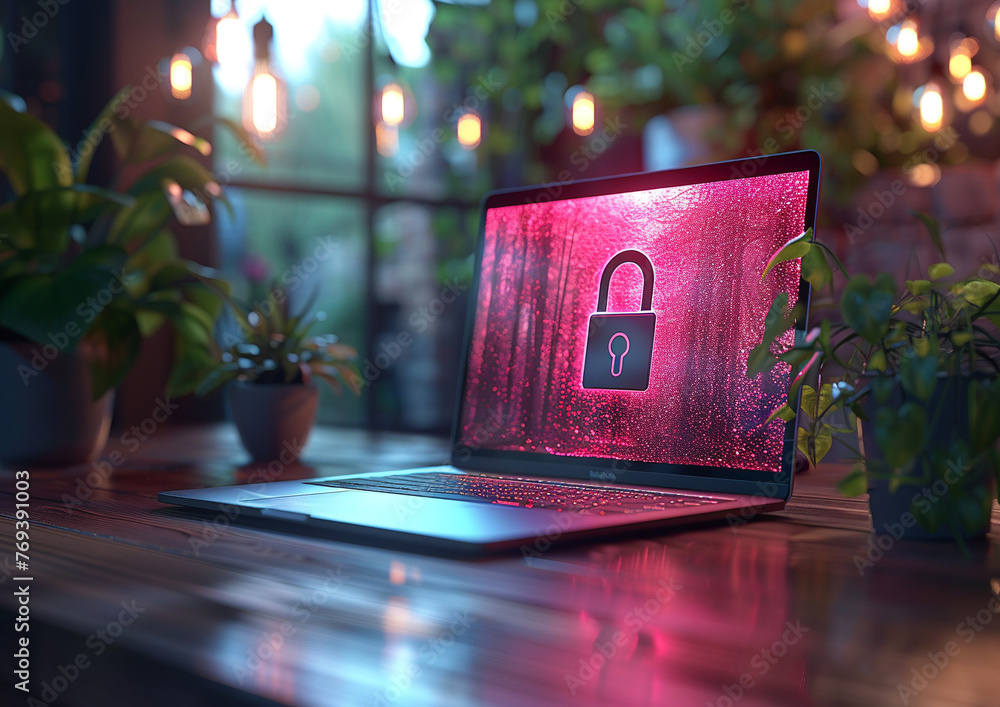 Poster laptop with lock icon on screen. internet security and data protection concept. ai.