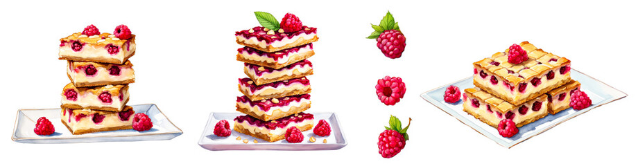Raspberry white chocolate blondies on a rectangular platter, watercolor illustration, clipart, dessert, sweet dish, for restaurant menus, wedding dish menus, bakeries, decoration element graphic 