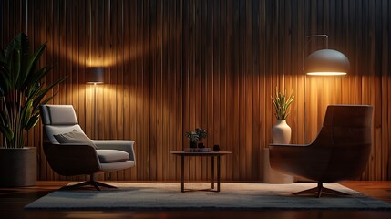 Modern dark wooden livingroom with armchairs table and lamp background