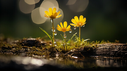 Small yellow wildflowers glistening with dew in a mystical forest setting