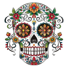 Sugar skull with colorful geometric patterns